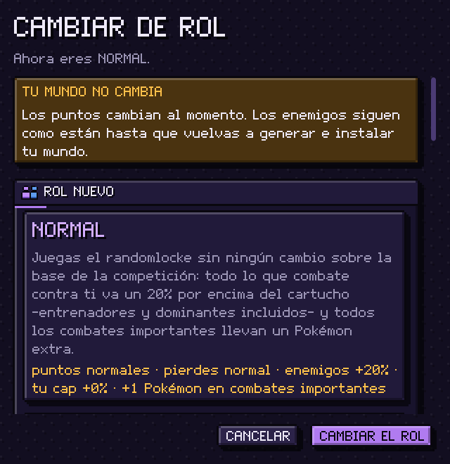 La ventana Cambiar de rol, con el aviso de que el mundo no cambia hasta volver a generarlo